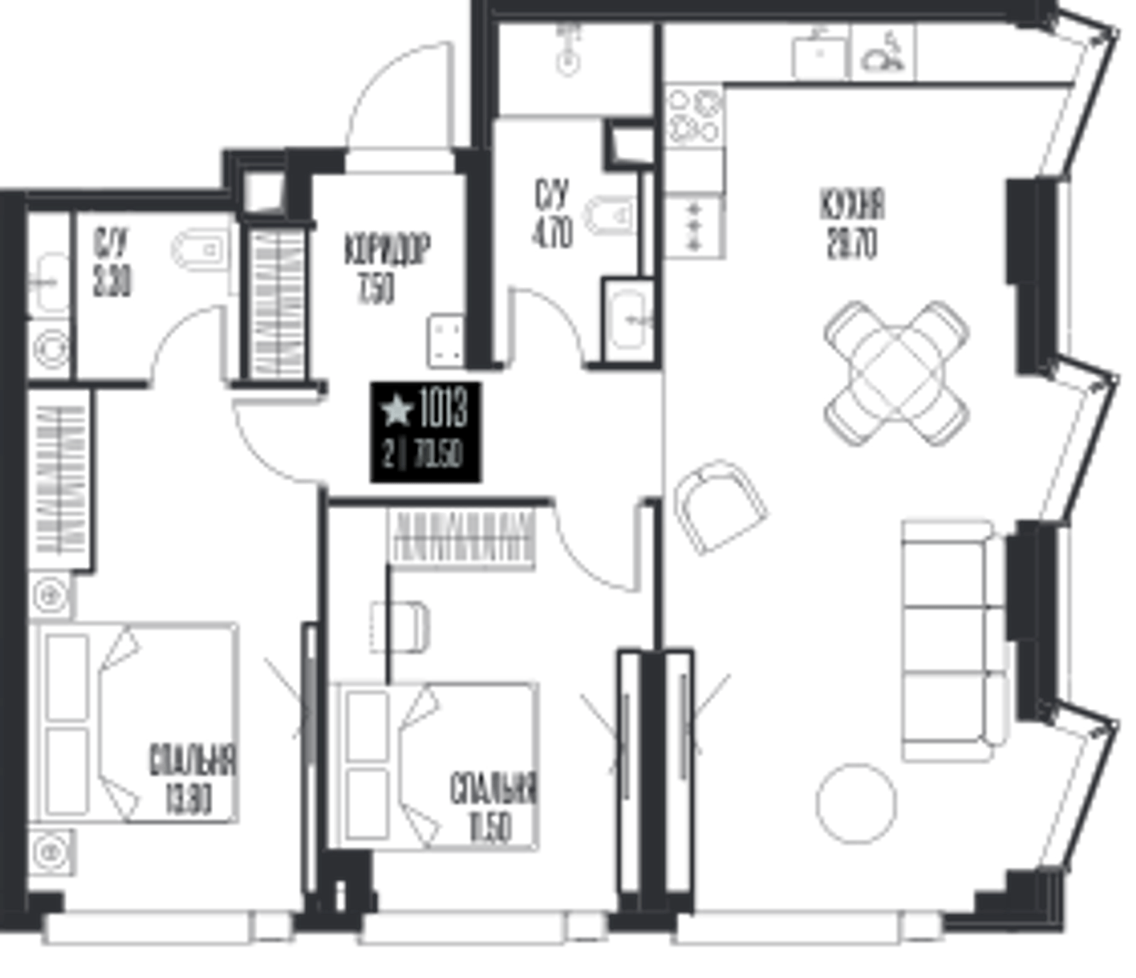 Планировка: 2-комнатная, 70,5 м²