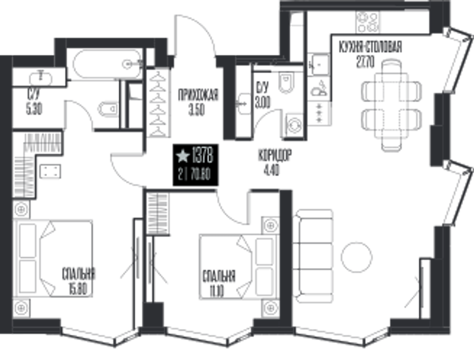 Планировка: 2-комнатная, 70,8 м²