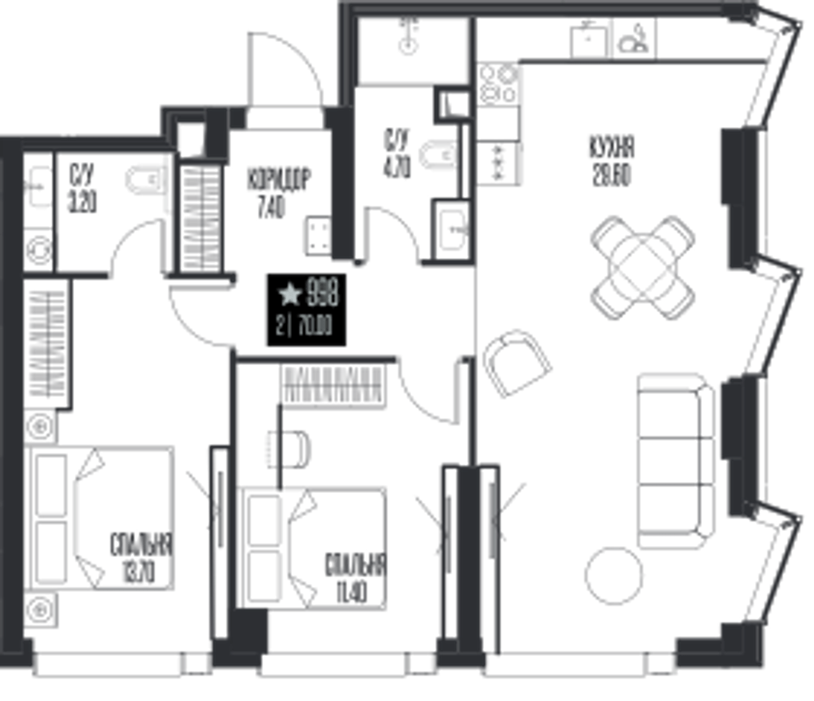 Планировка: 2-комнатная, 70 м²