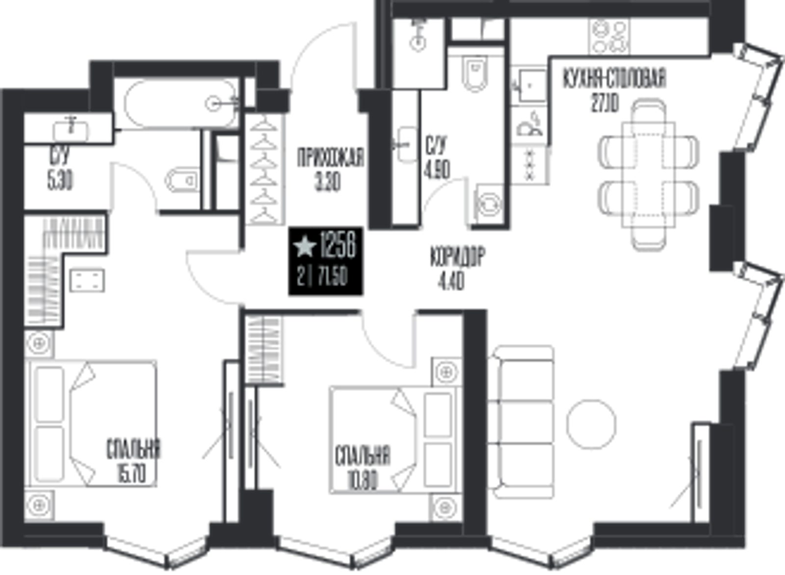 Планировка: 2-комнатная, 71,5 м²