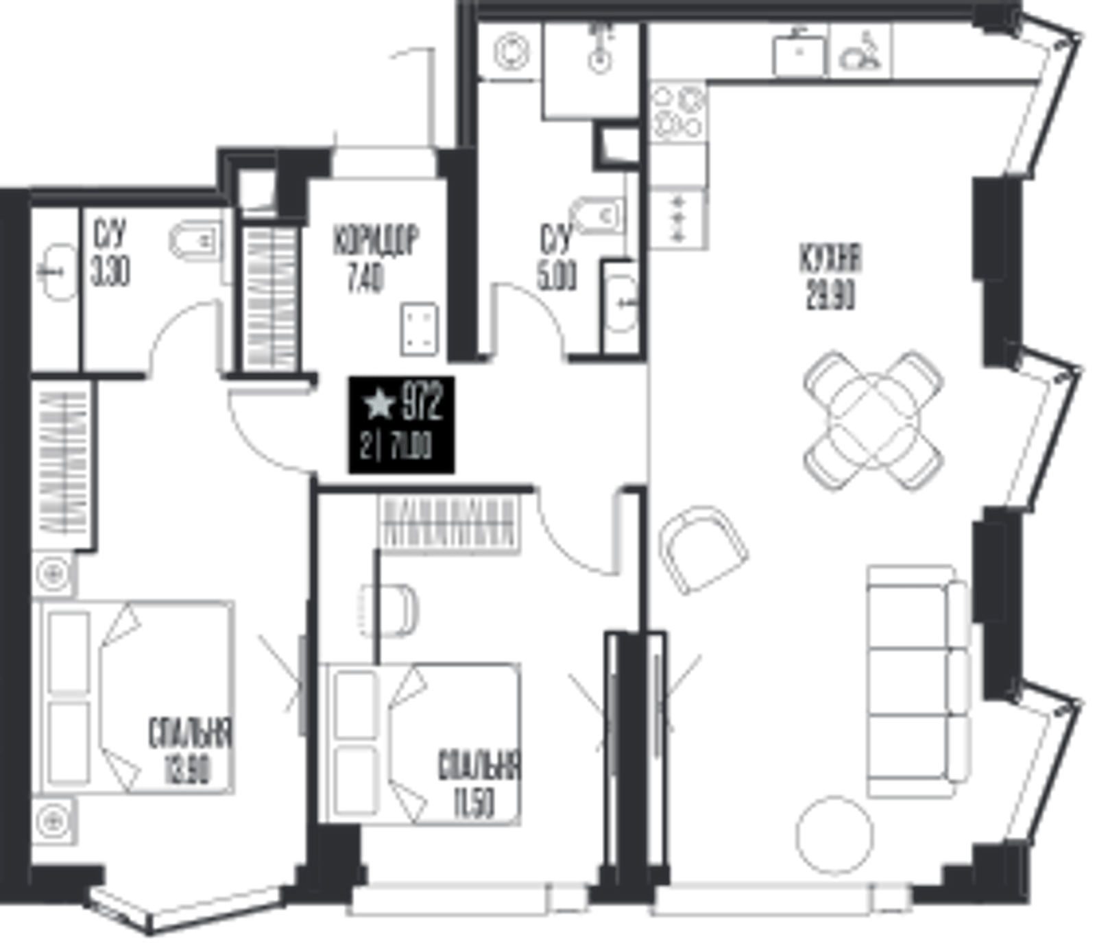 Планировка: 2-комнатная, 71 м²