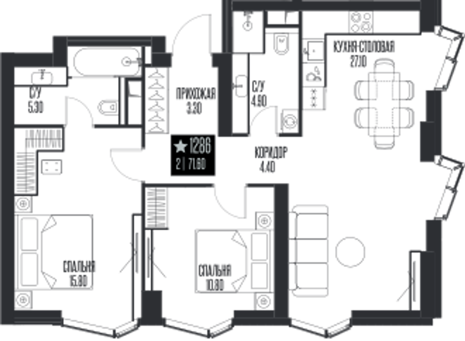 Планировка: 2-комнатная, 71,6 м²