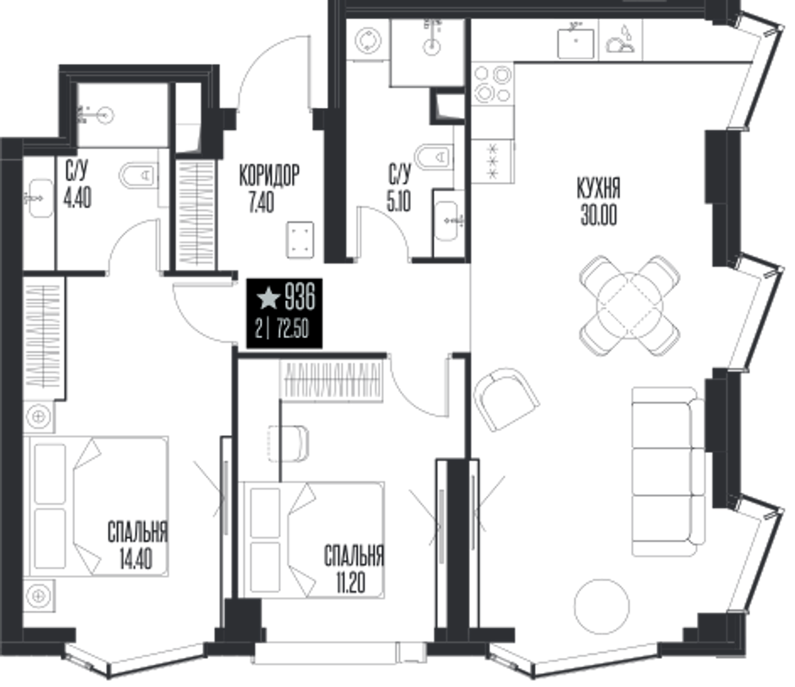 Планировка: 2-комнатная, 72,5 м²