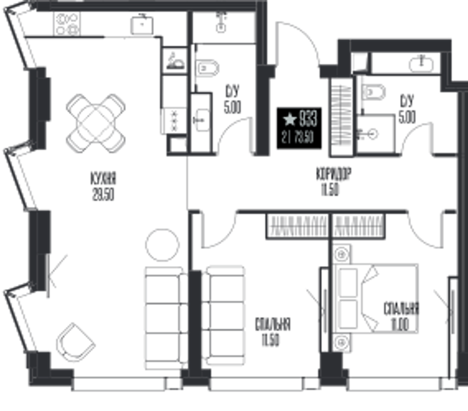 Планировка: 2-комнатная, 73,5 м²