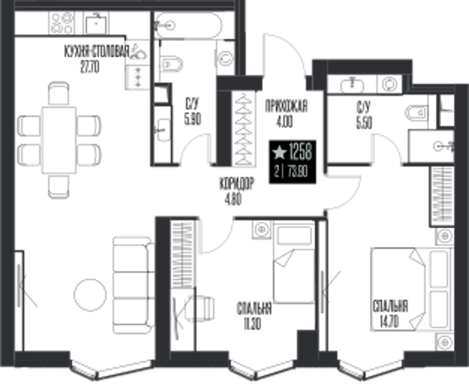Планировка: 2-комнатная, 73,9 м²