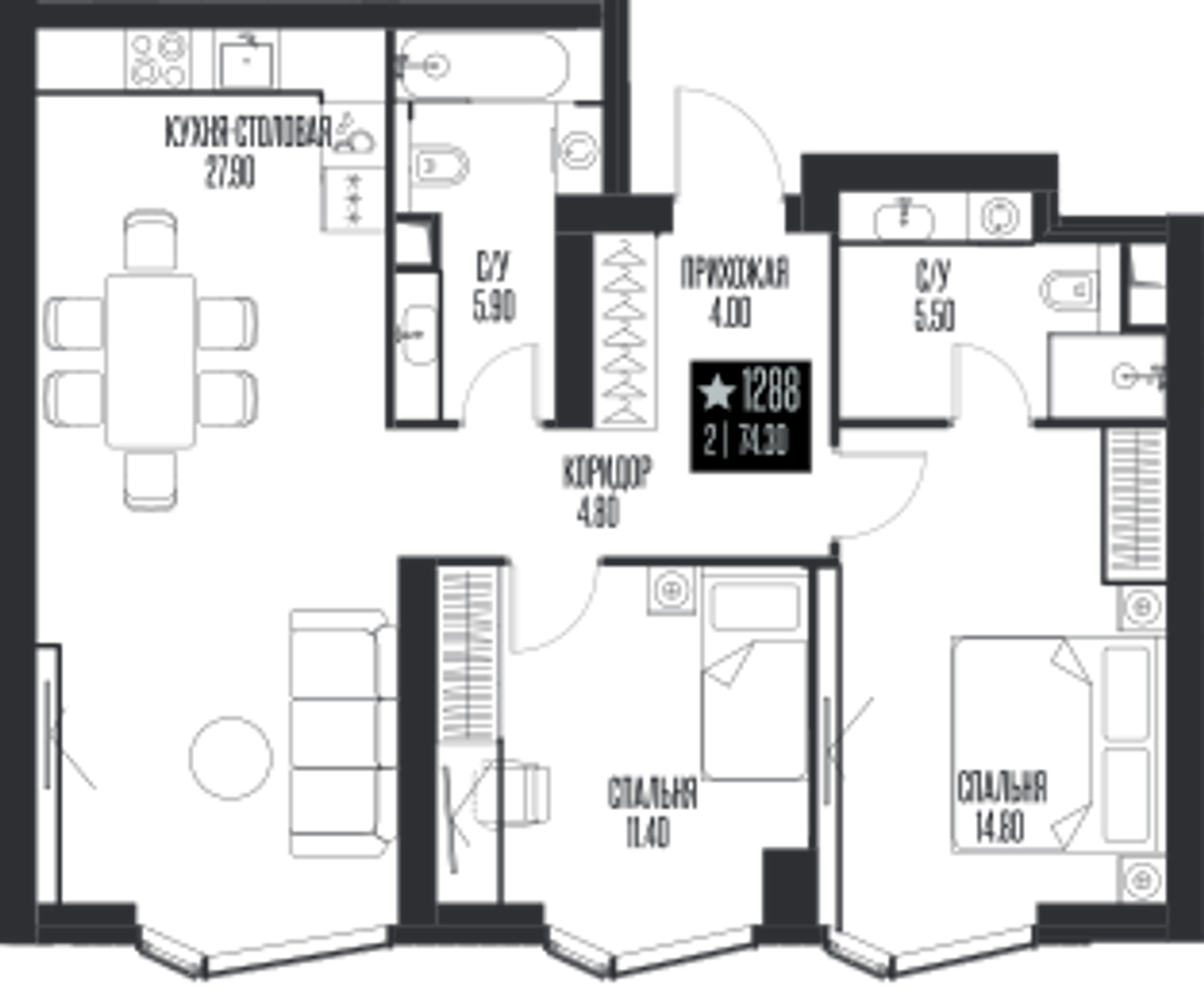 Планировка: 2-комнатная, 74,3 м²