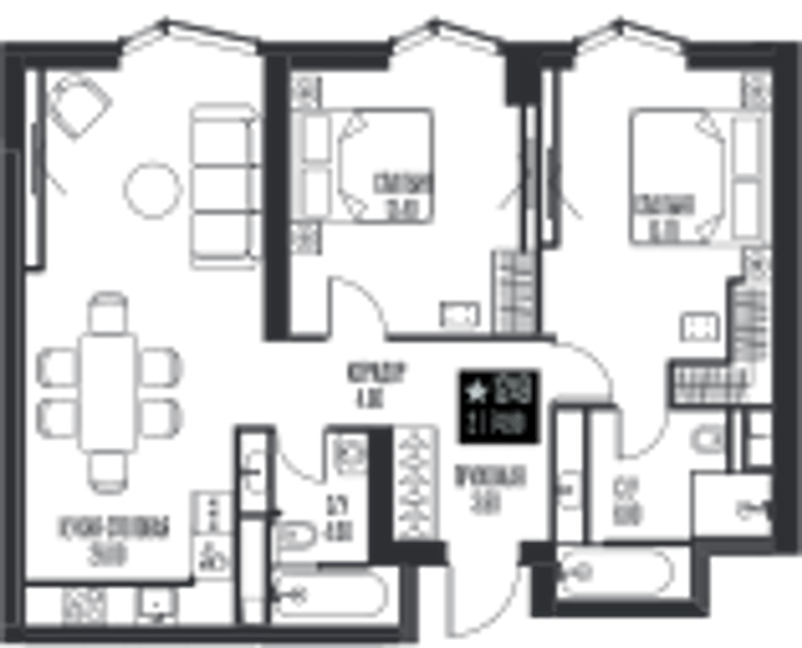 Планировка: 2-комнатная, 74,9 м²