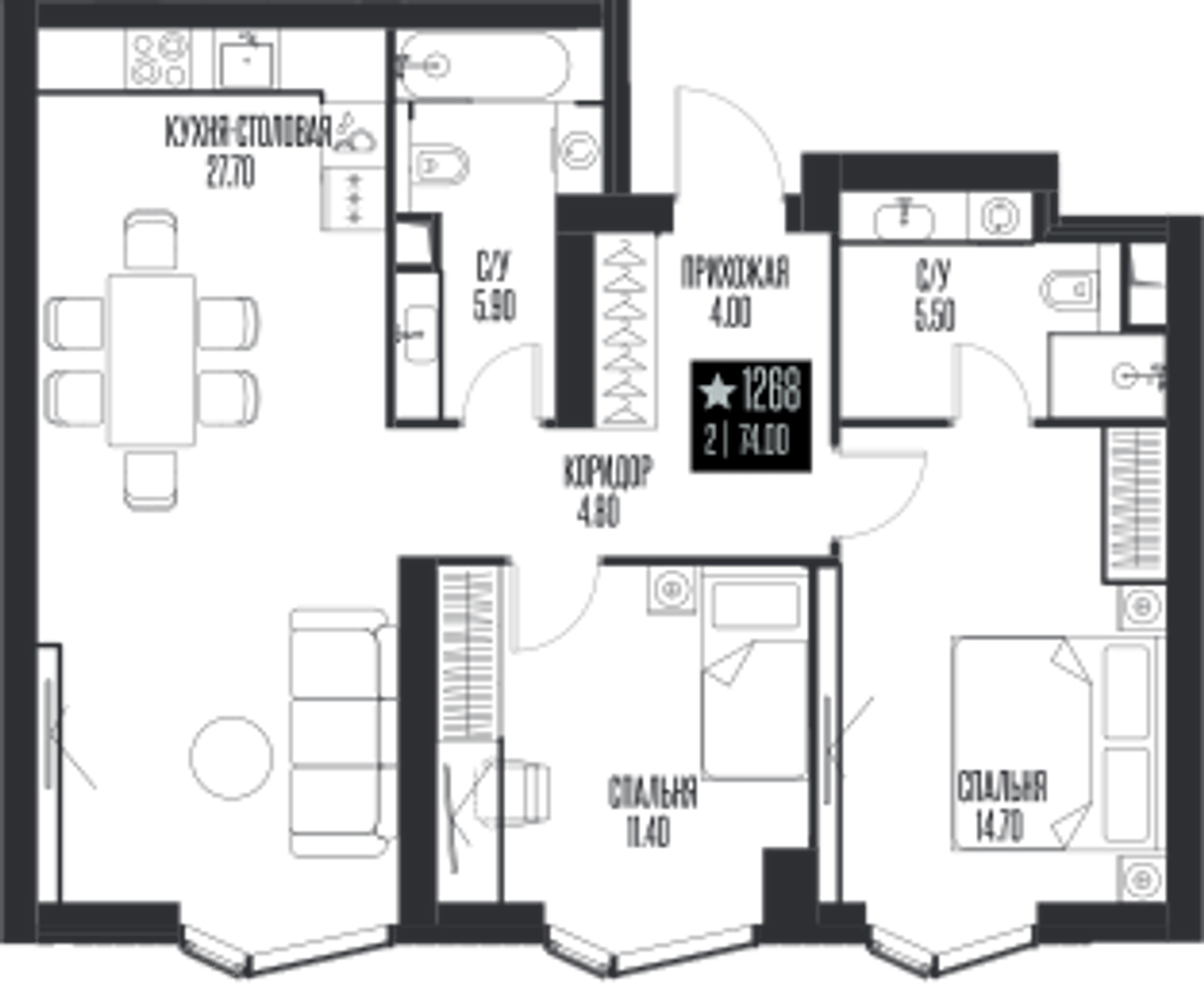 Планировка: 2-комнатная, 74 м²