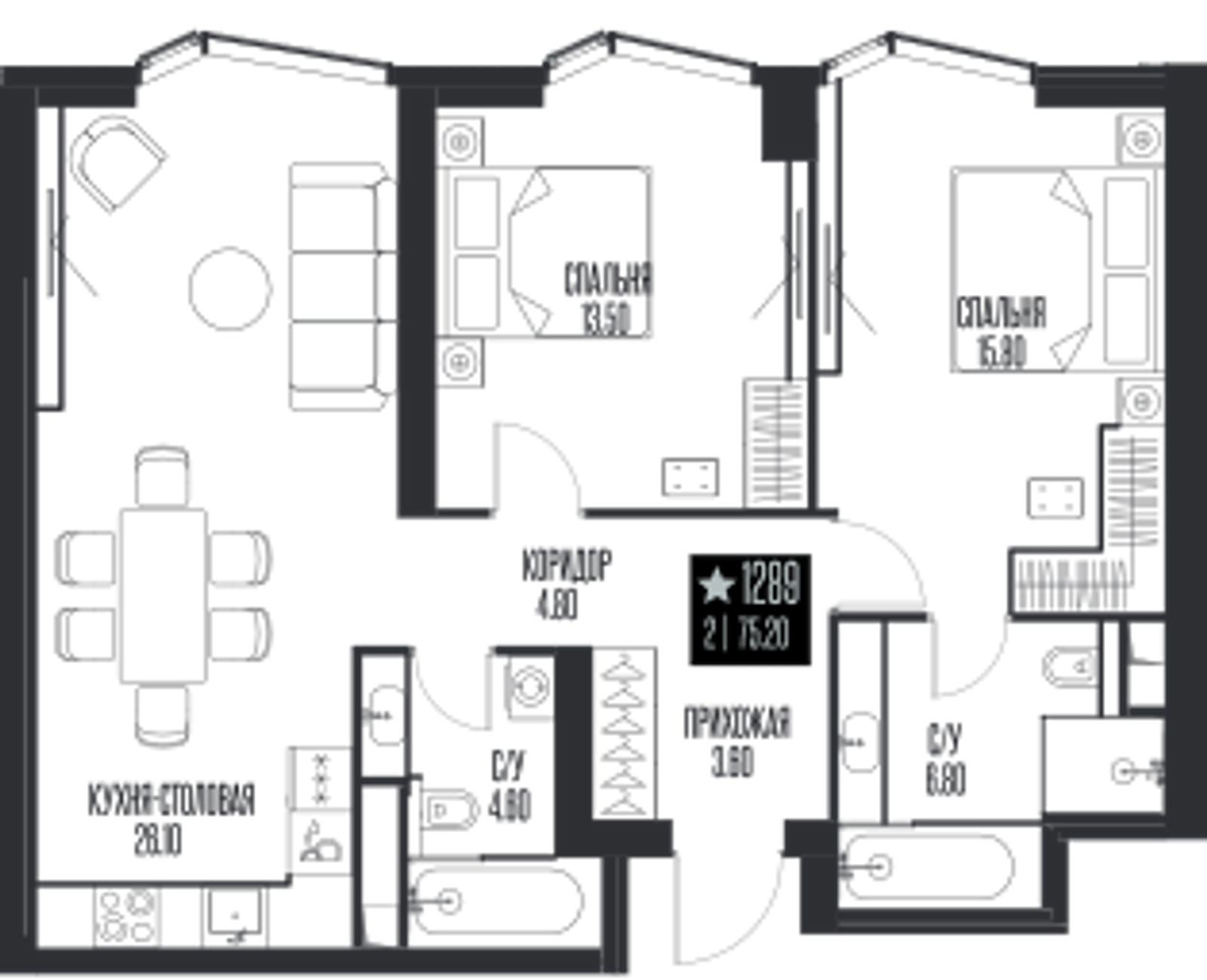 Планировка: 2-комнатная, 75,2 м²
