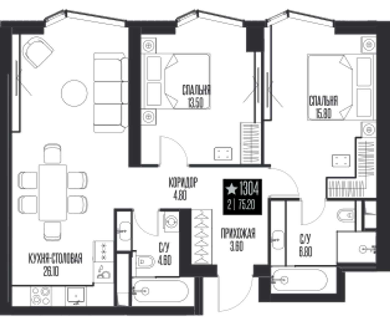 Планировка: 2-комнатная, 75,2 м²