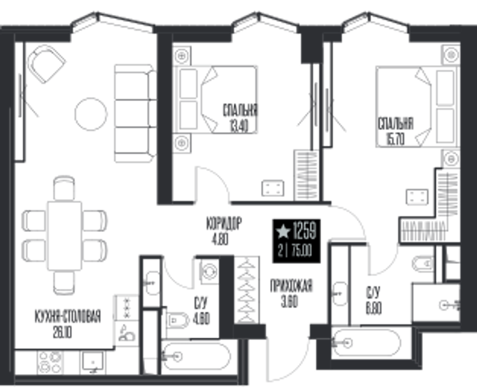 Планировка: 2-комнатная, 75 м²