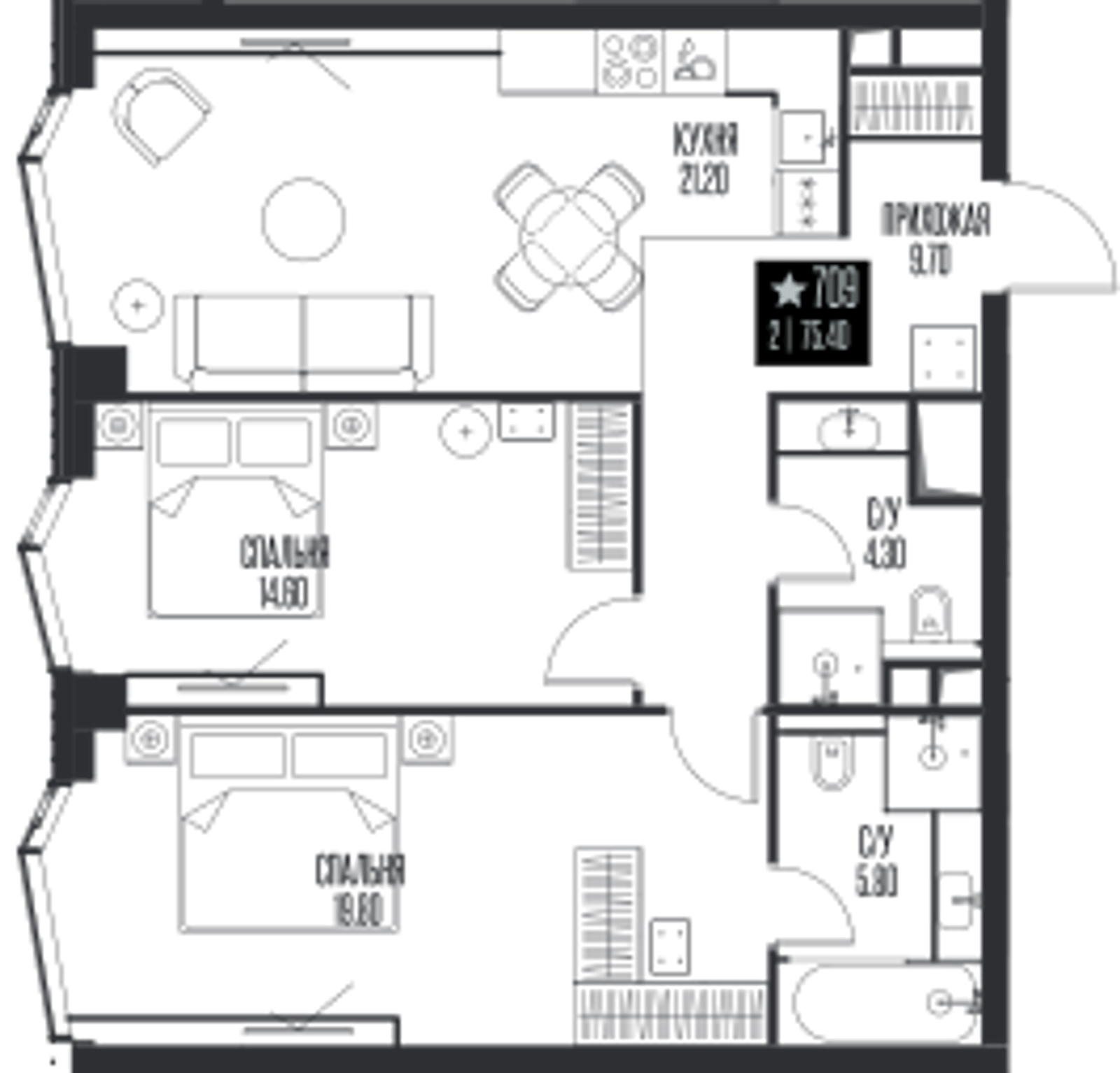 Планировка: 2-комнатная, 75,4 м²