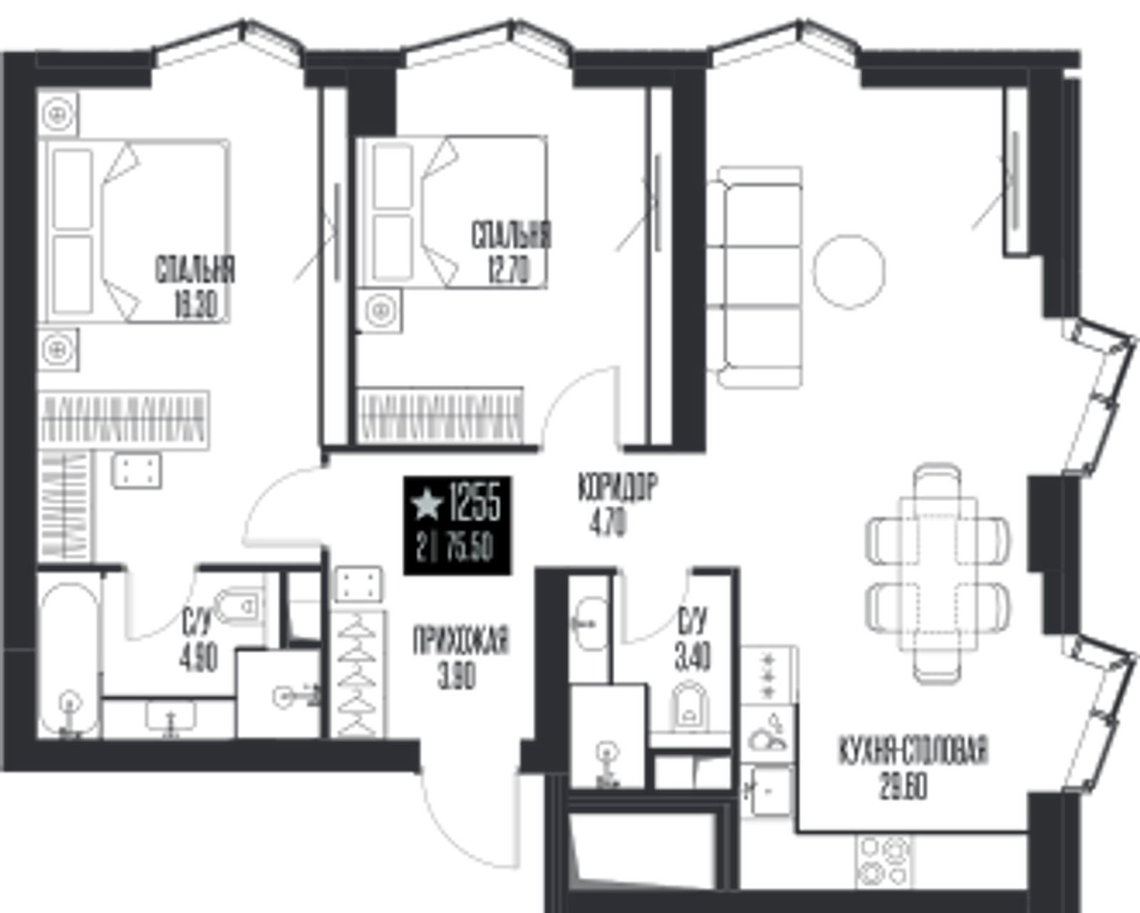 Планировка: 2-комнатная, 75,5 м²