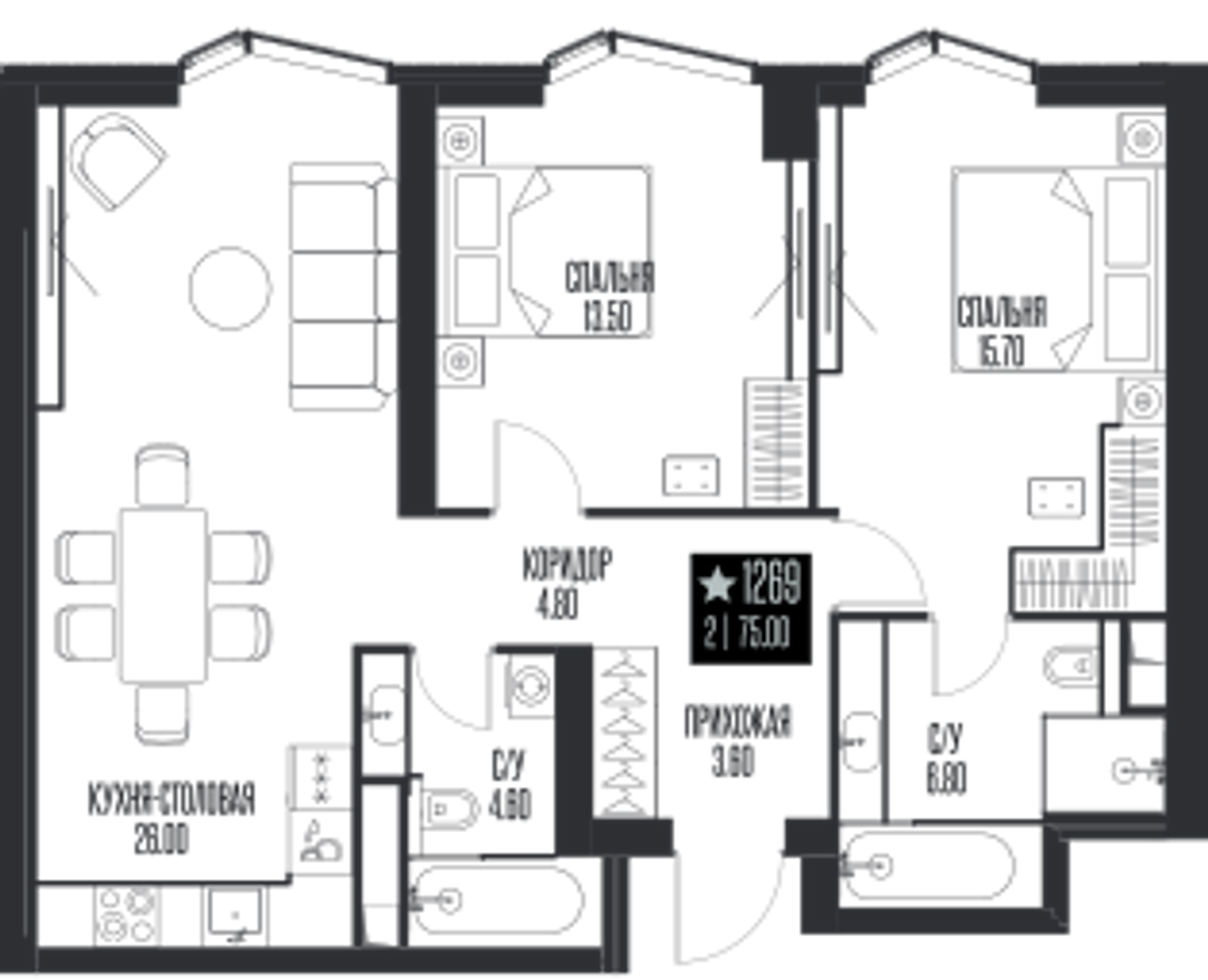 Планировка: 2-комнатная, 75 м²