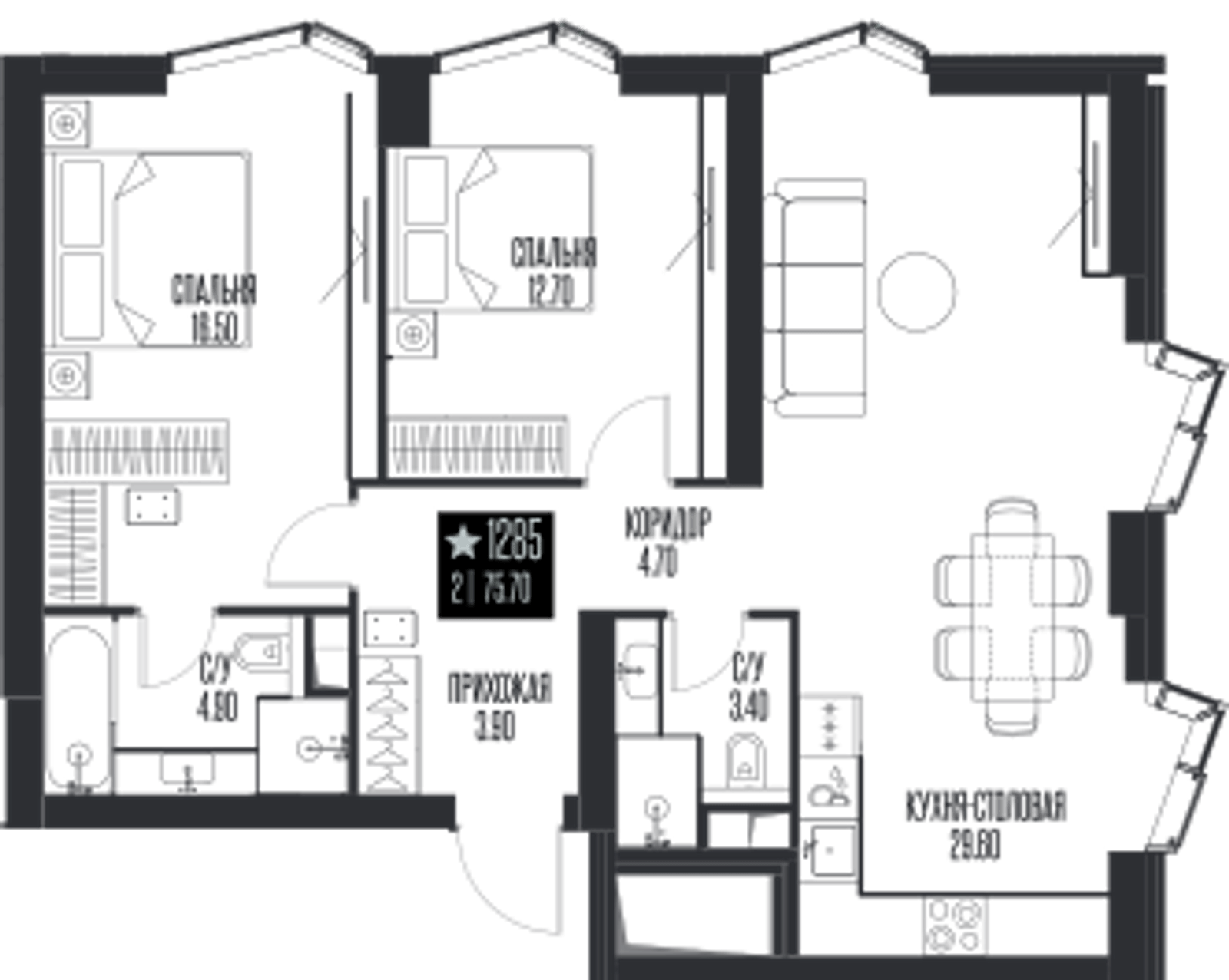 Планировка: 2-комнатная, 75,7 м²