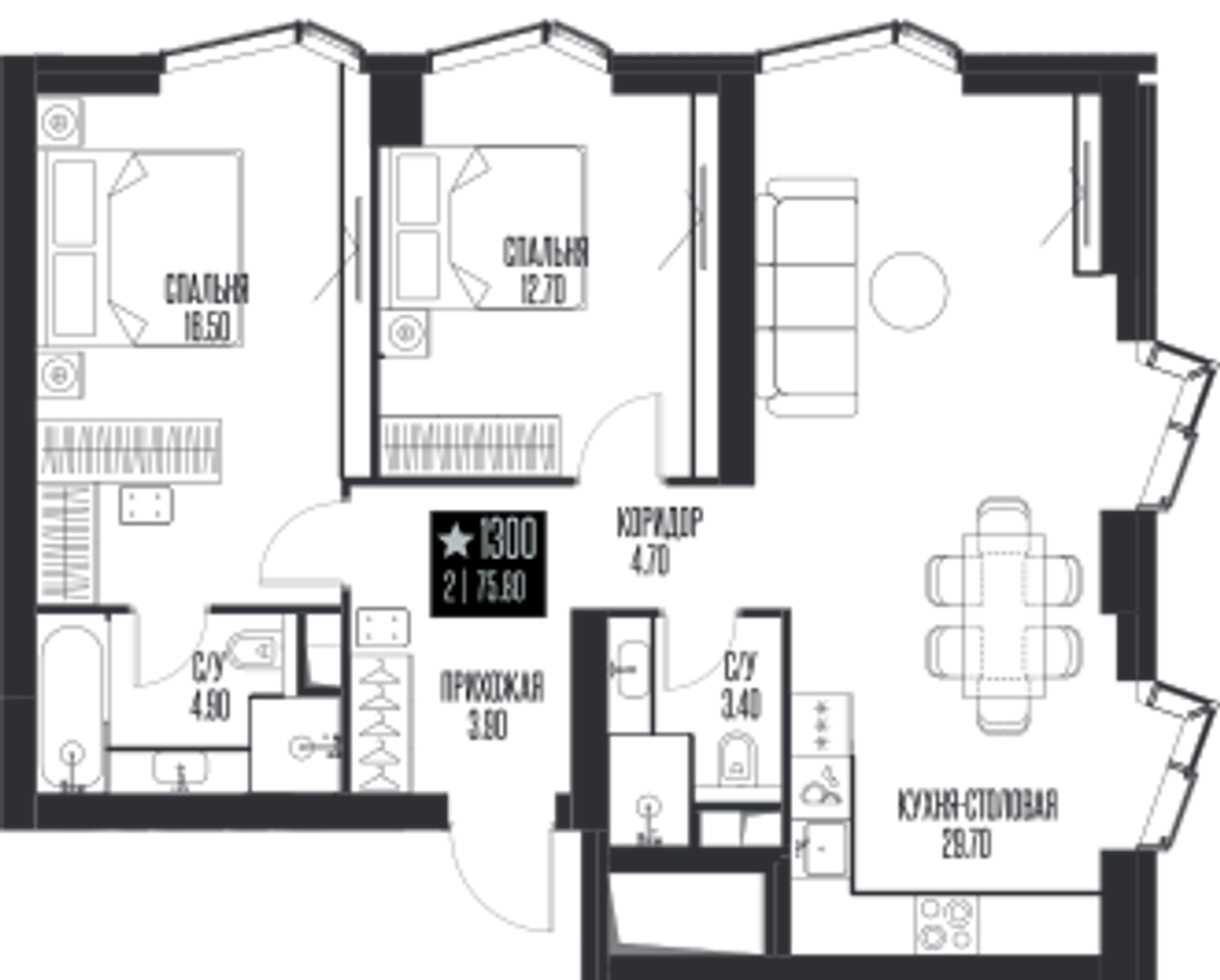 Планировка: 2-комнатная, 75,8 м²
