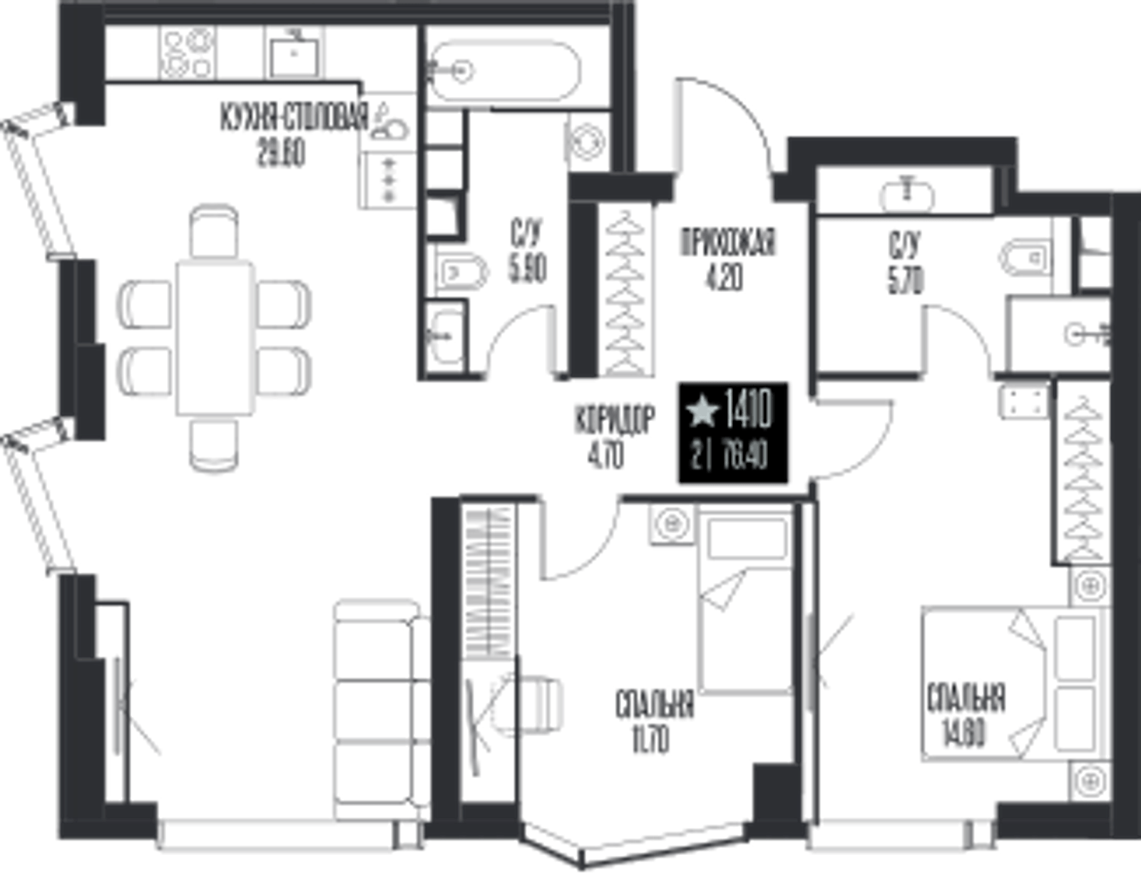 Планировка: 2-комнатная, 76,4 м²
