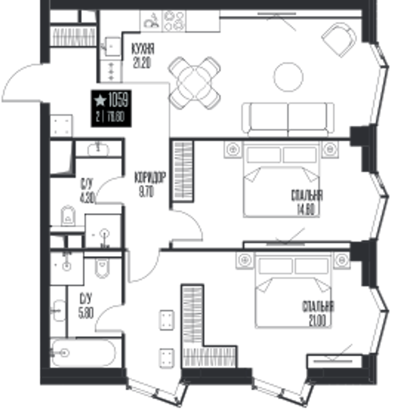Планировка: 2-комнатная, 76,6 м²