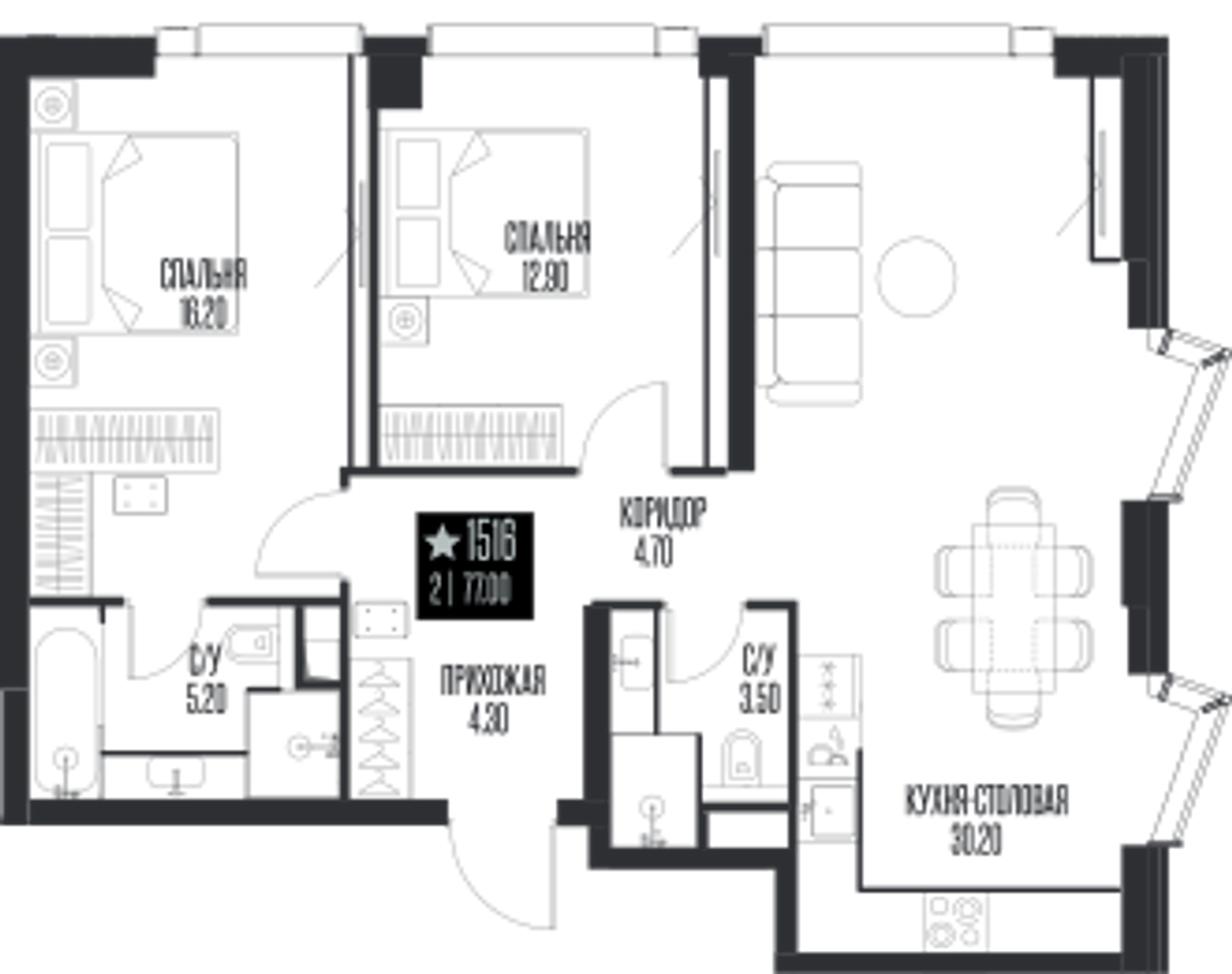 Планировка: 2-комнатная, 77 м²