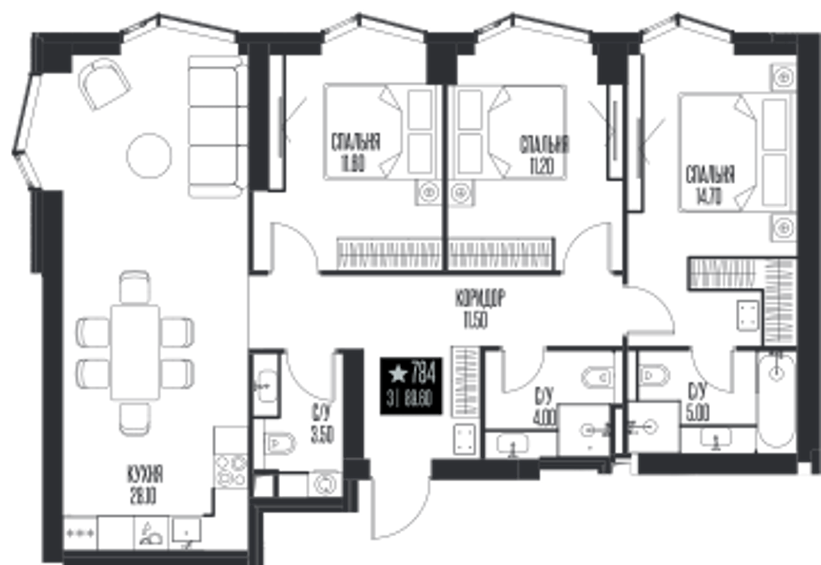 Планировка: 3-комнатная, 89,6 м²