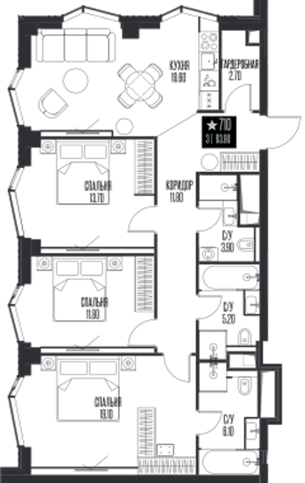 Планировка: 3-комнатная, 93,9 м²