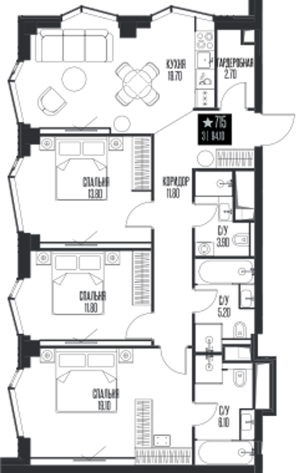 Планировка: 3-комнатная, 94,1 м²