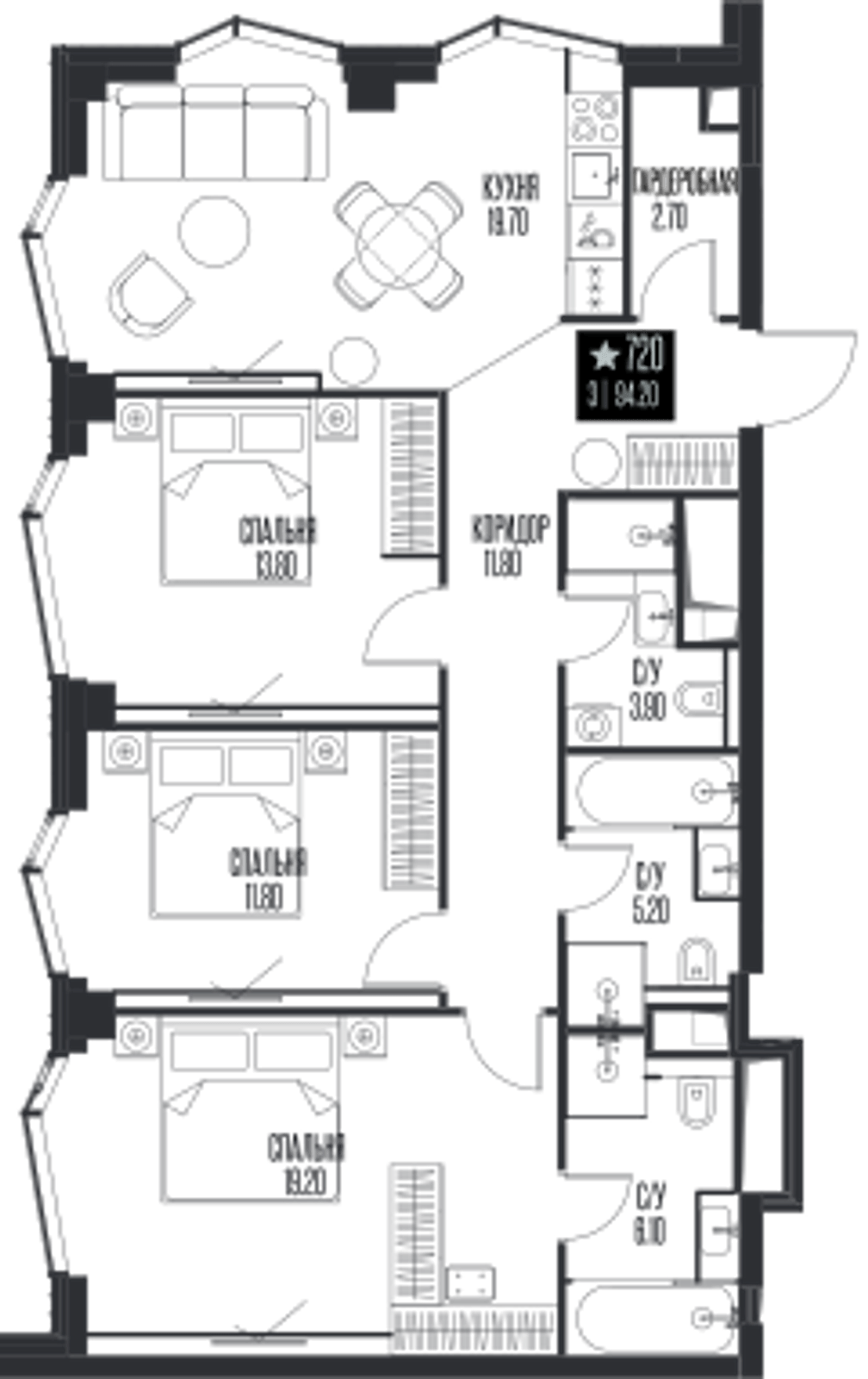 Планировка: 3-комнатная, 94,2 м²