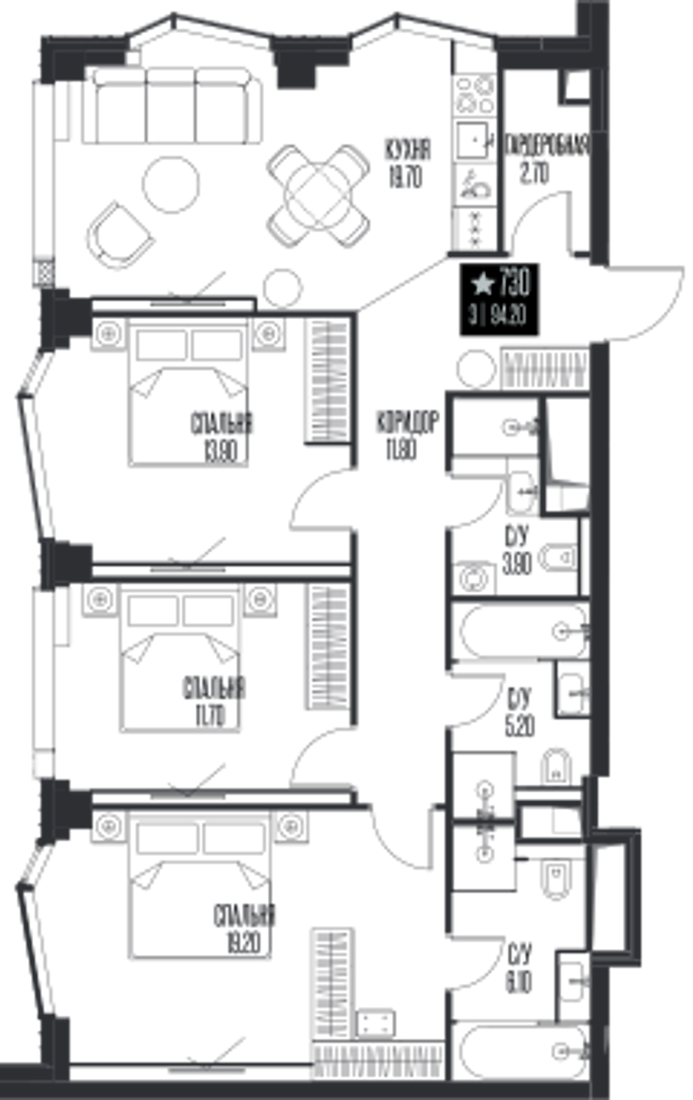Планировка: 3-комнатная, 94,2 м²