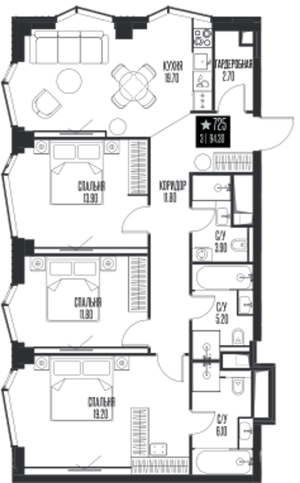 Планировка: 3-комнатная, 94,3 м²