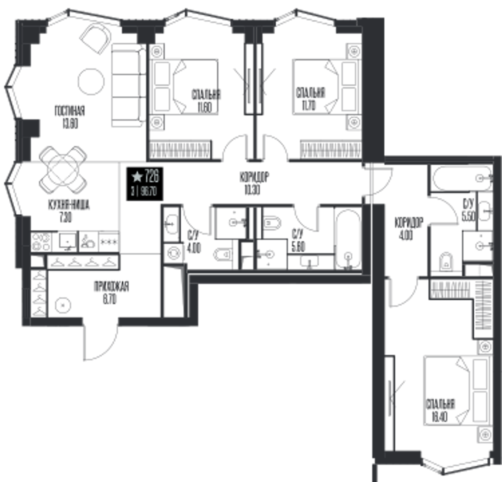 Планировка: 3-комнатная, 96,7 м²