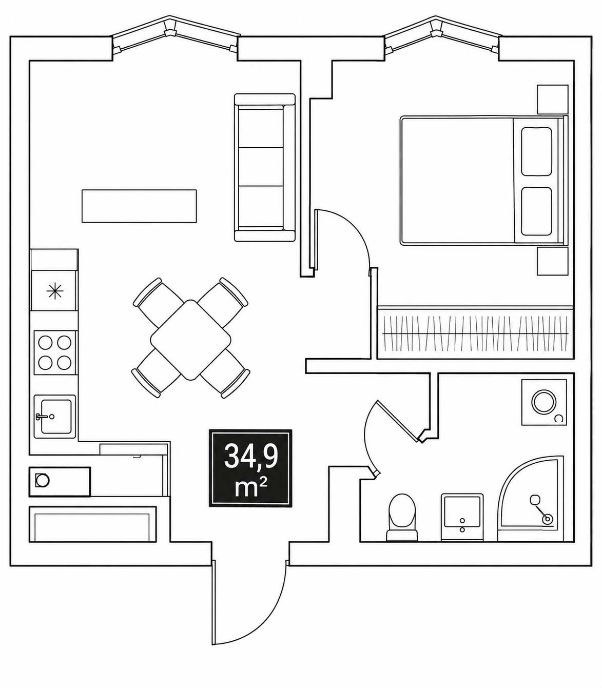 Планировка: 1-комнатная, 34,9 м²