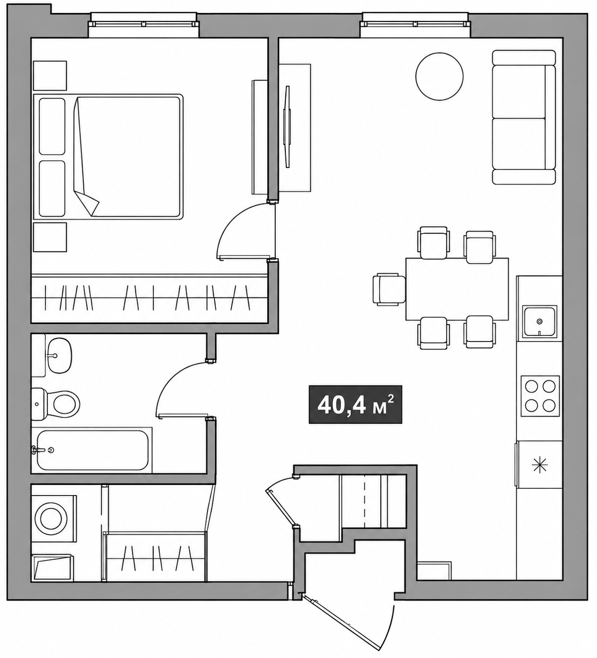Планировка: 1-комнатная, 40,4 м²
