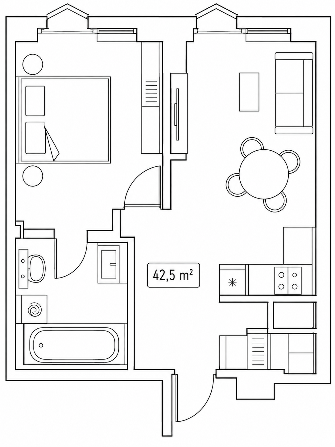 Планировка: 1-комнатная, 42,5 м²