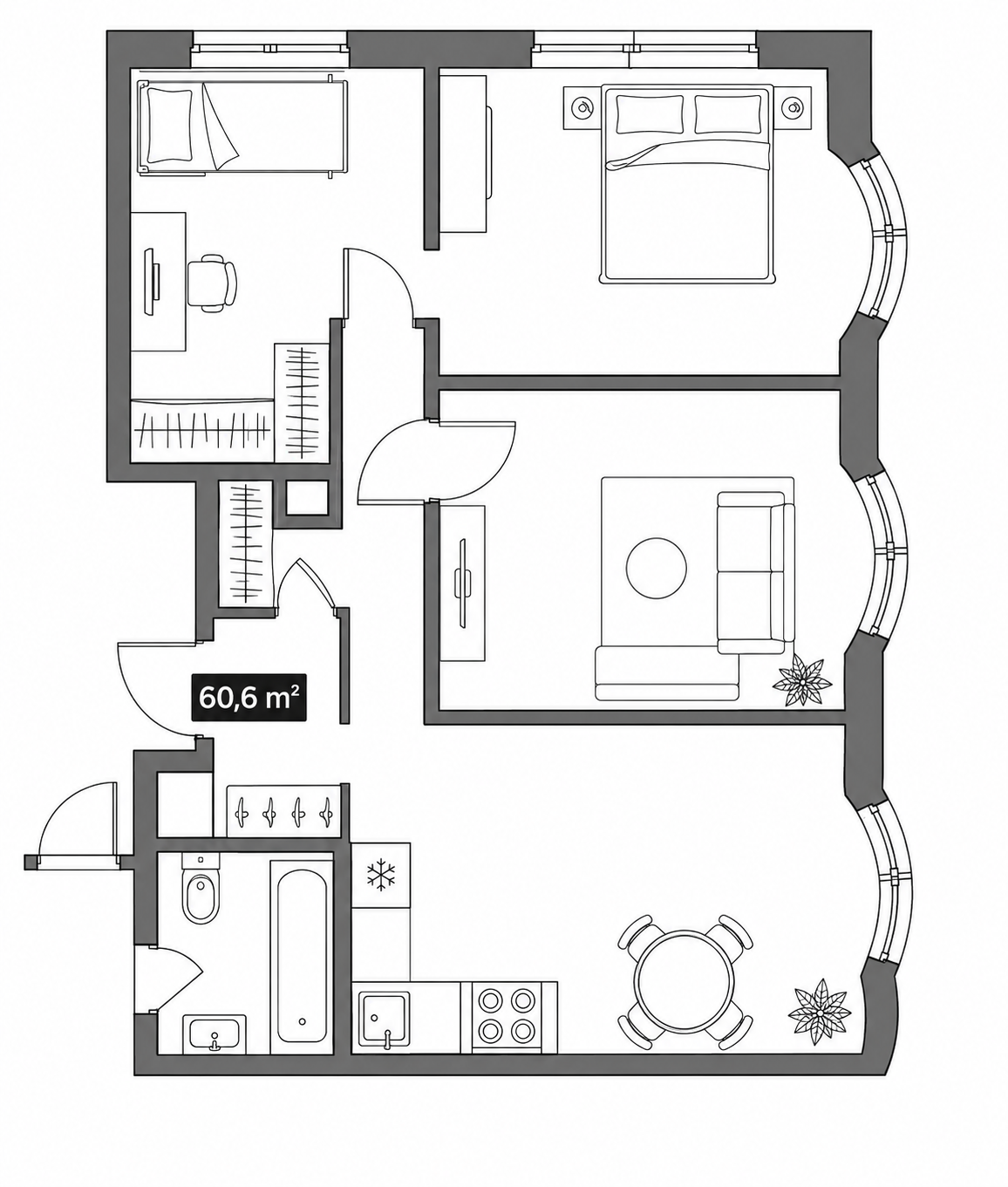 Планировка: 2-комнатная, 60,6 м²