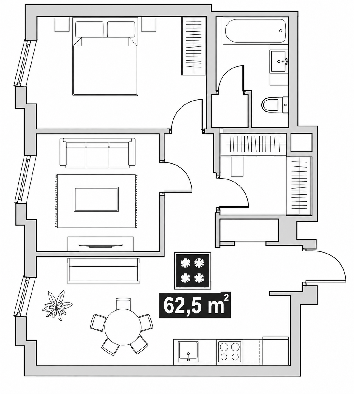 Планировка: 2-комнатная, 62,5 м²