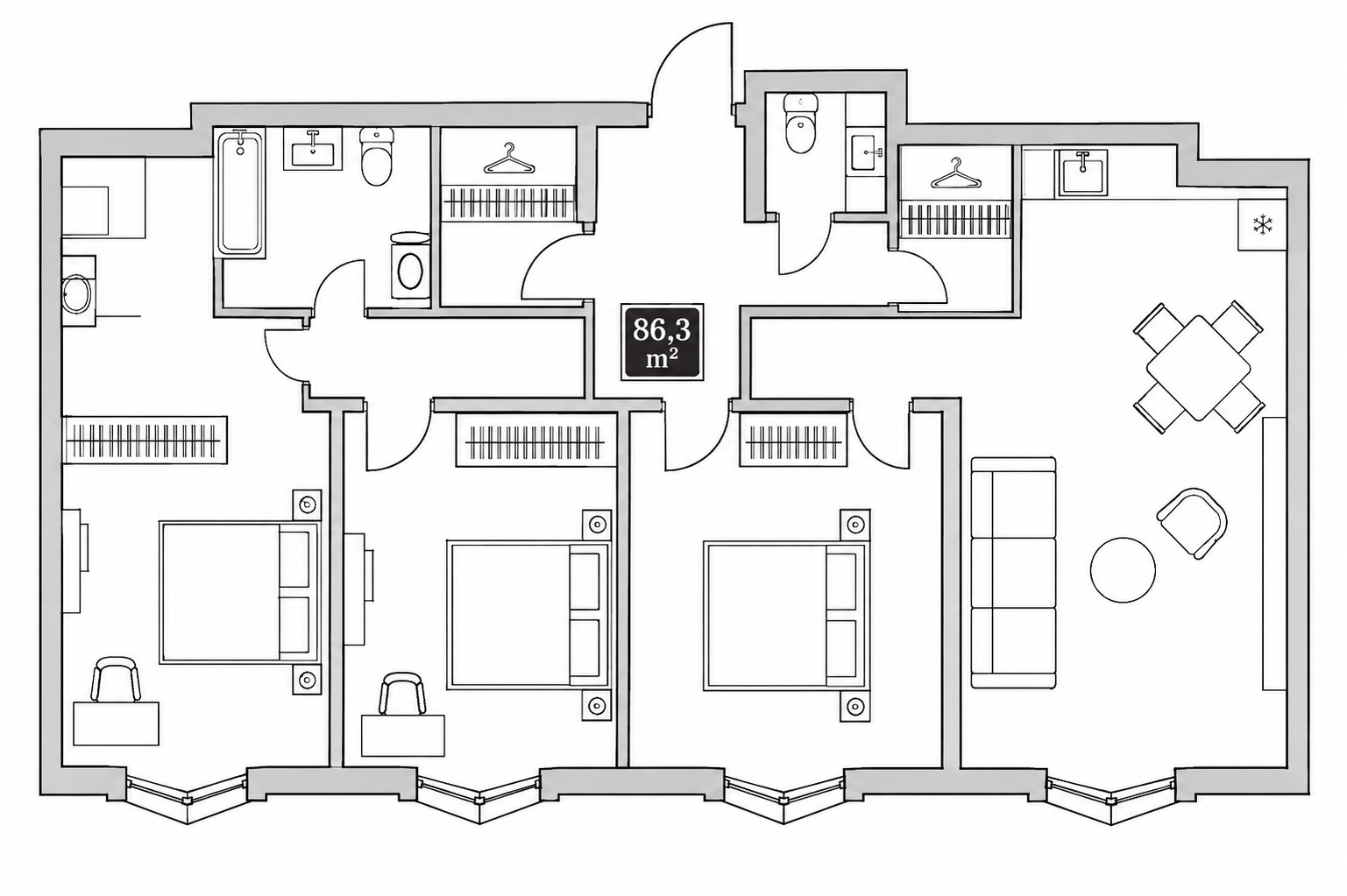 Планировка: 3-комнатная, 86,3 м²