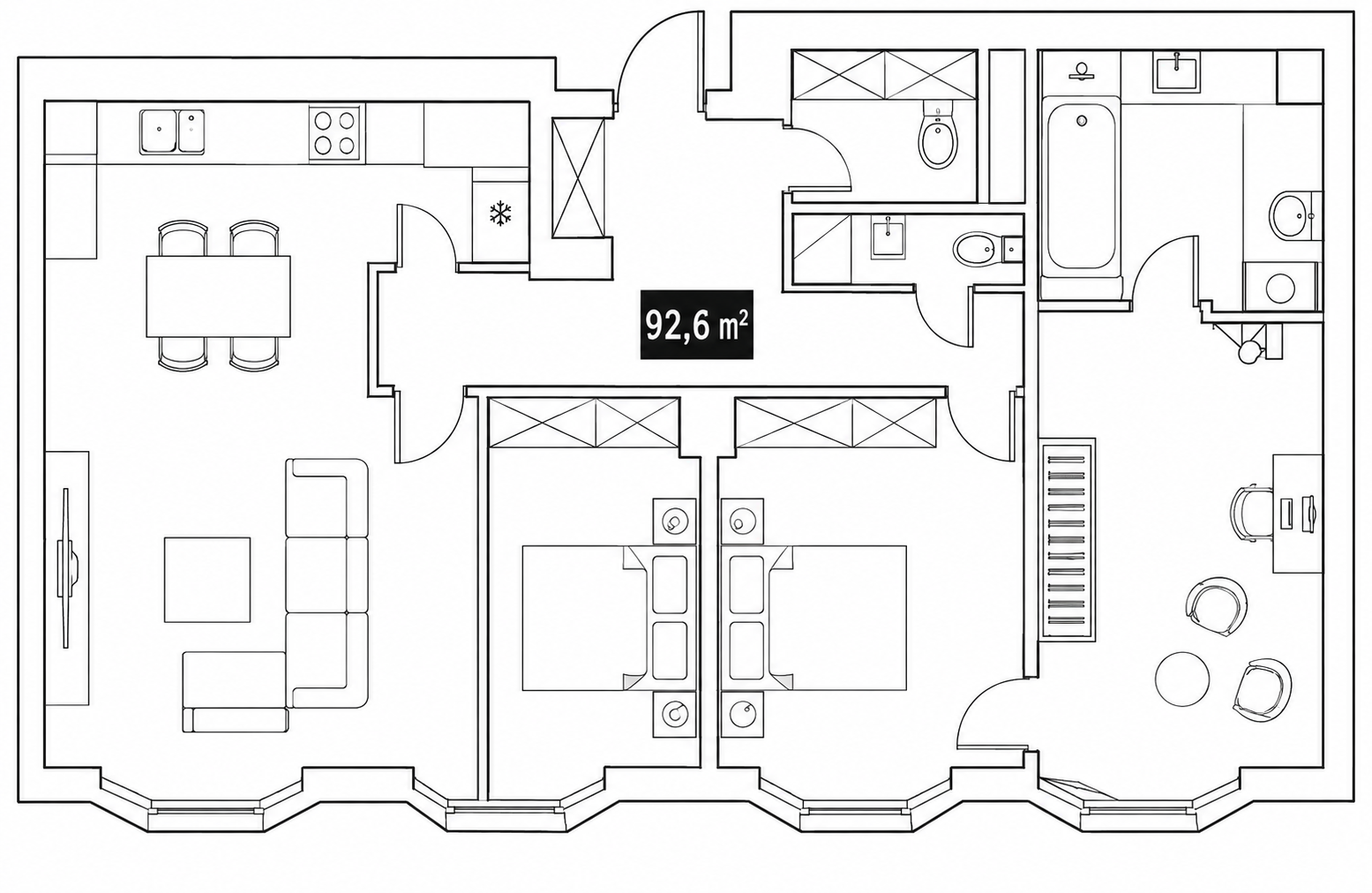 Планировка: 3-комнатная, 92,6 м²