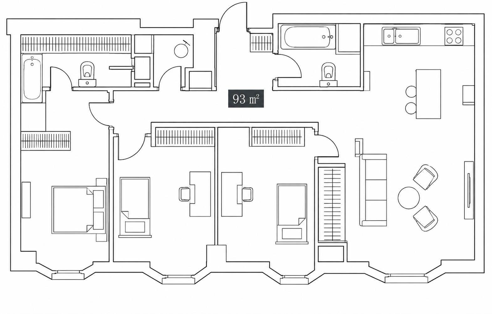 Планировка: 3-комнатная, 93 м²