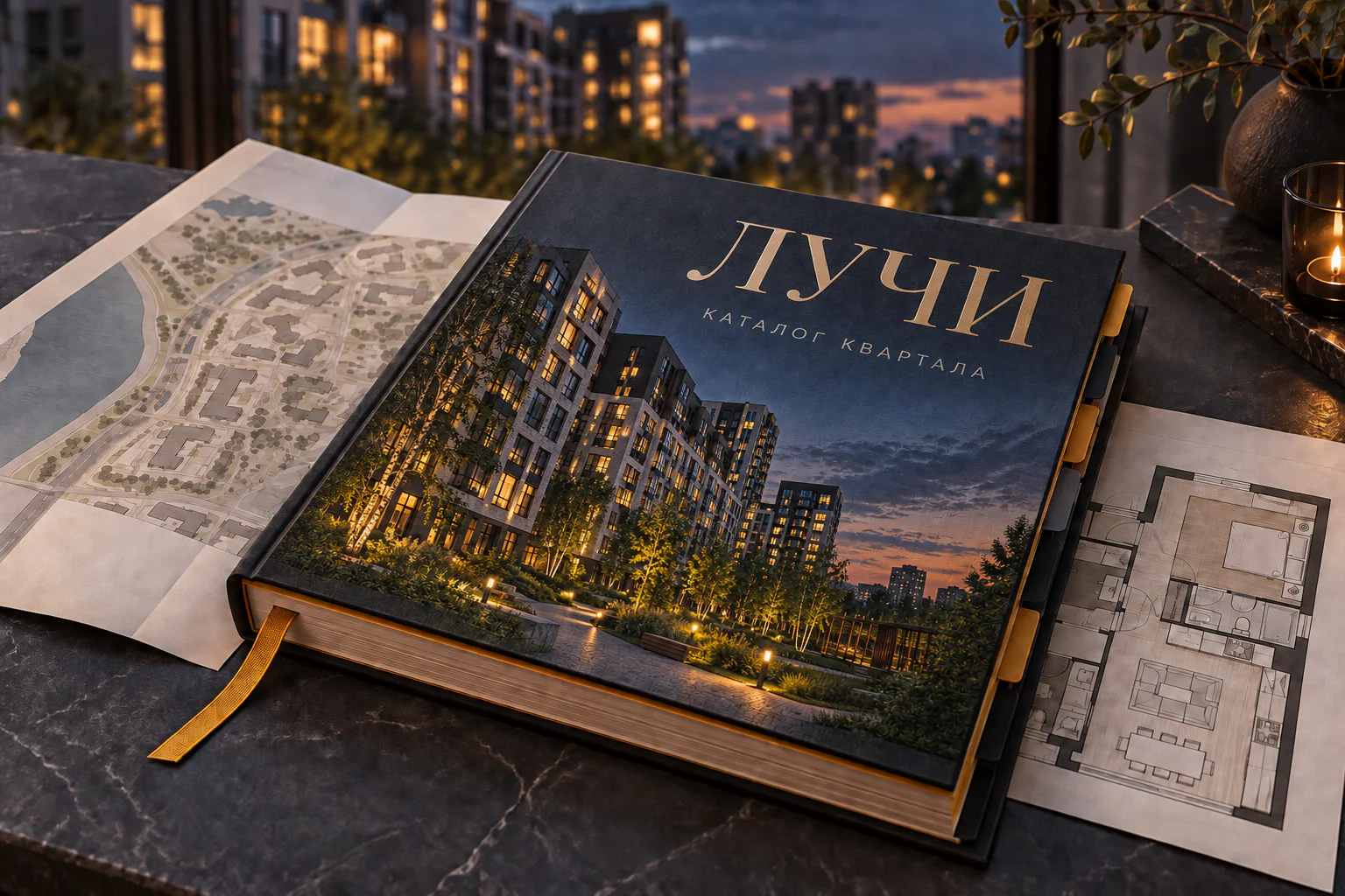 Каталог ЖК «Лучи» с фотографией квартала на обложке лежит рядом с картой района и планировкой