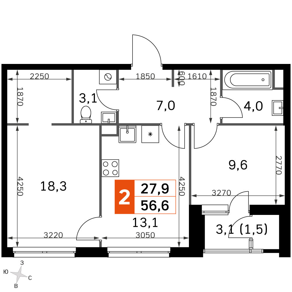 Официальная планировка Sky Garden, 54,6 м²