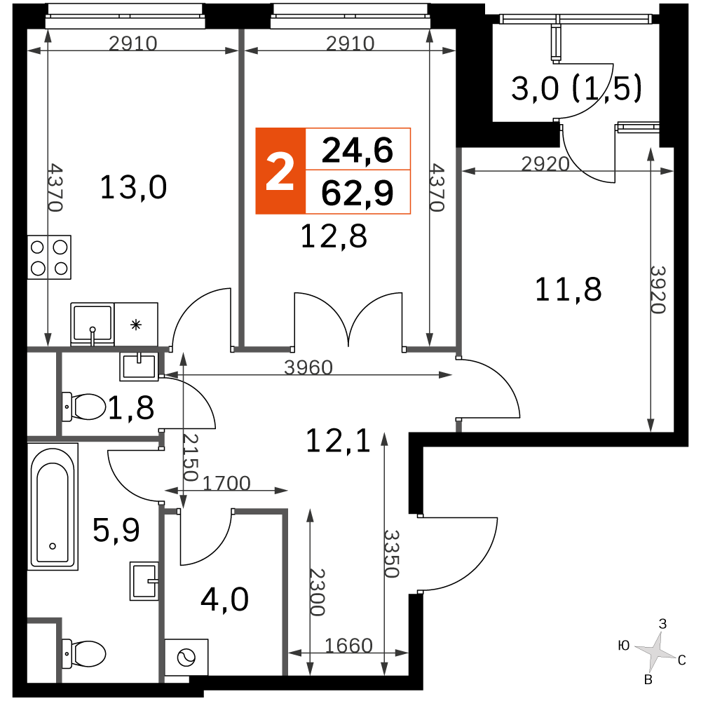 Официальная планировка Sky Garden, 61,1 м²