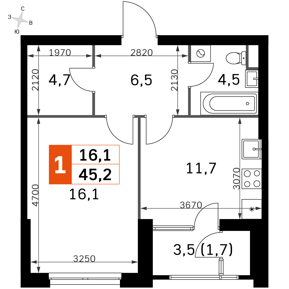 Официальная планировка Sky Garden, 43,1 м²