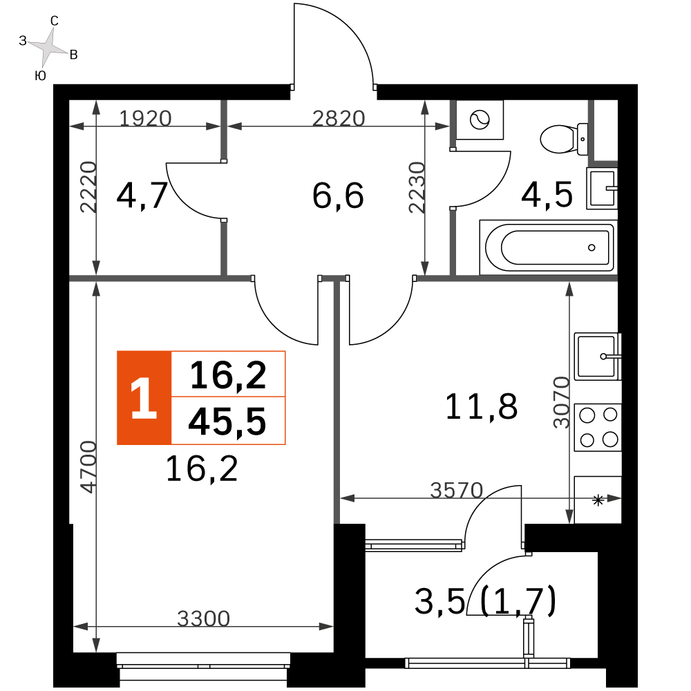 Официальная планировка Sky Garden, 43,4 м²