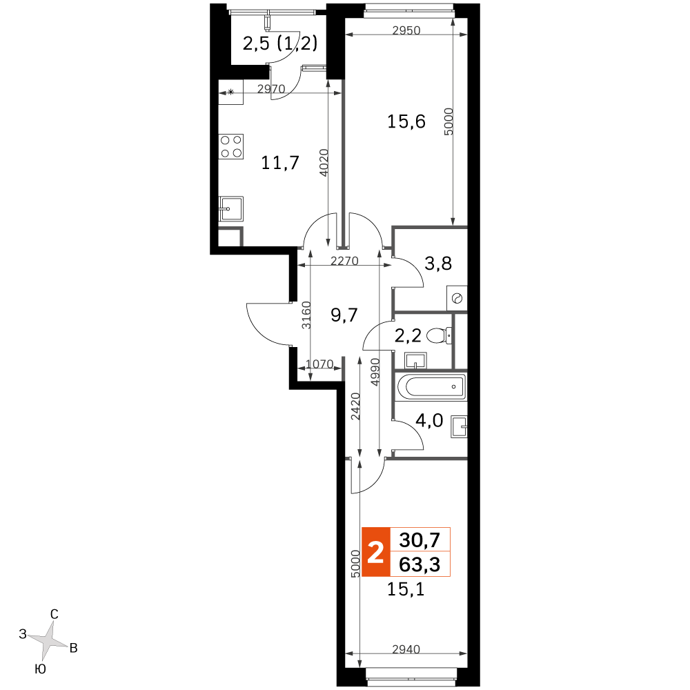 Официальная планировка Sky Garden, 61,1 м²