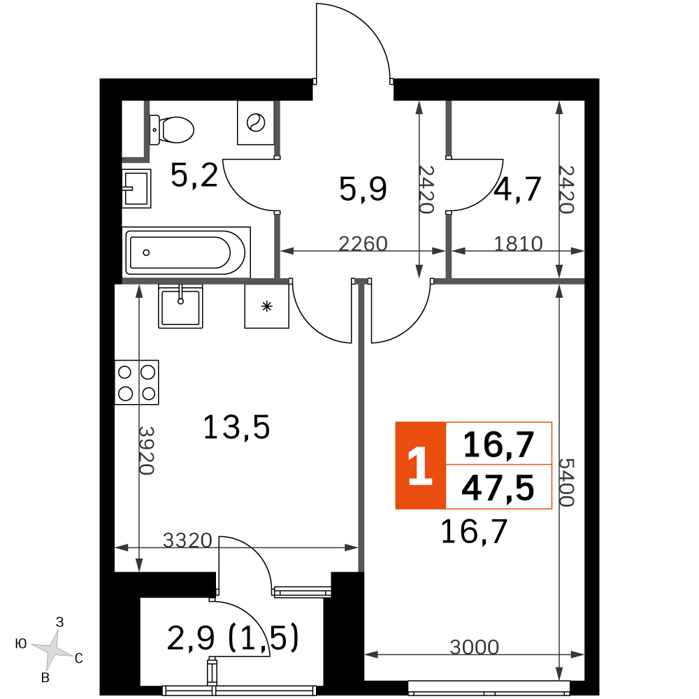 Официальная планировка Sky Garden, 45,4 м²