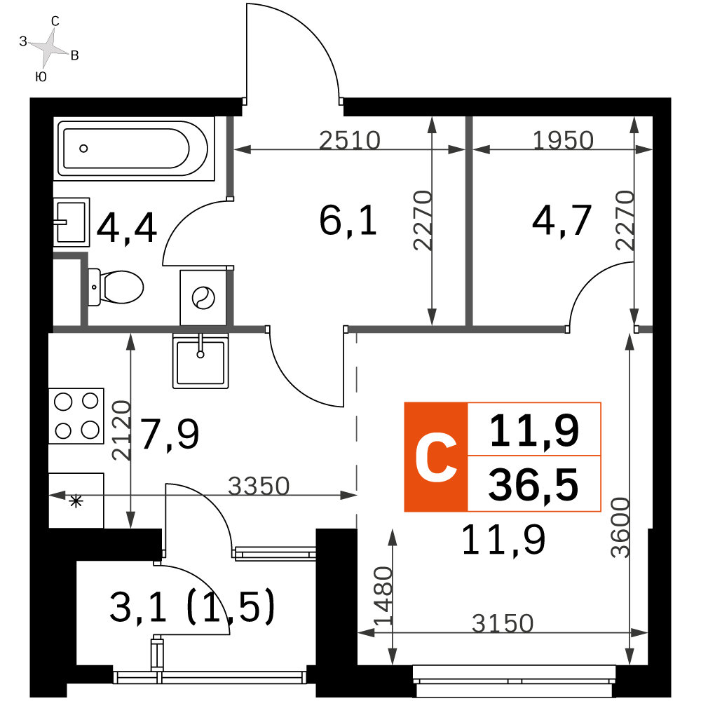 Официальная планировка Sky Garden, 34,4 м²