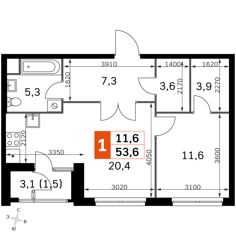 Официальная планировка Sky Garden, 51,6 м²