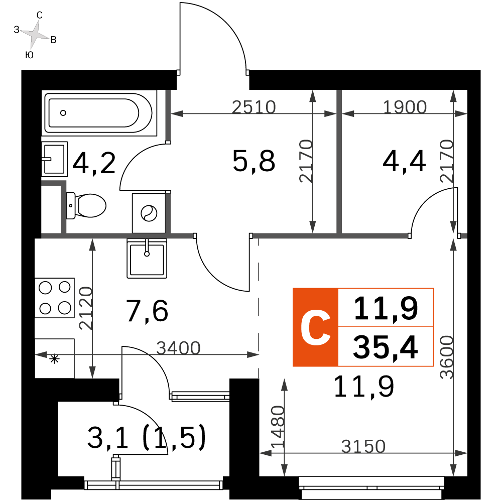 Официальная планировка Sky Garden, 33,4 м²