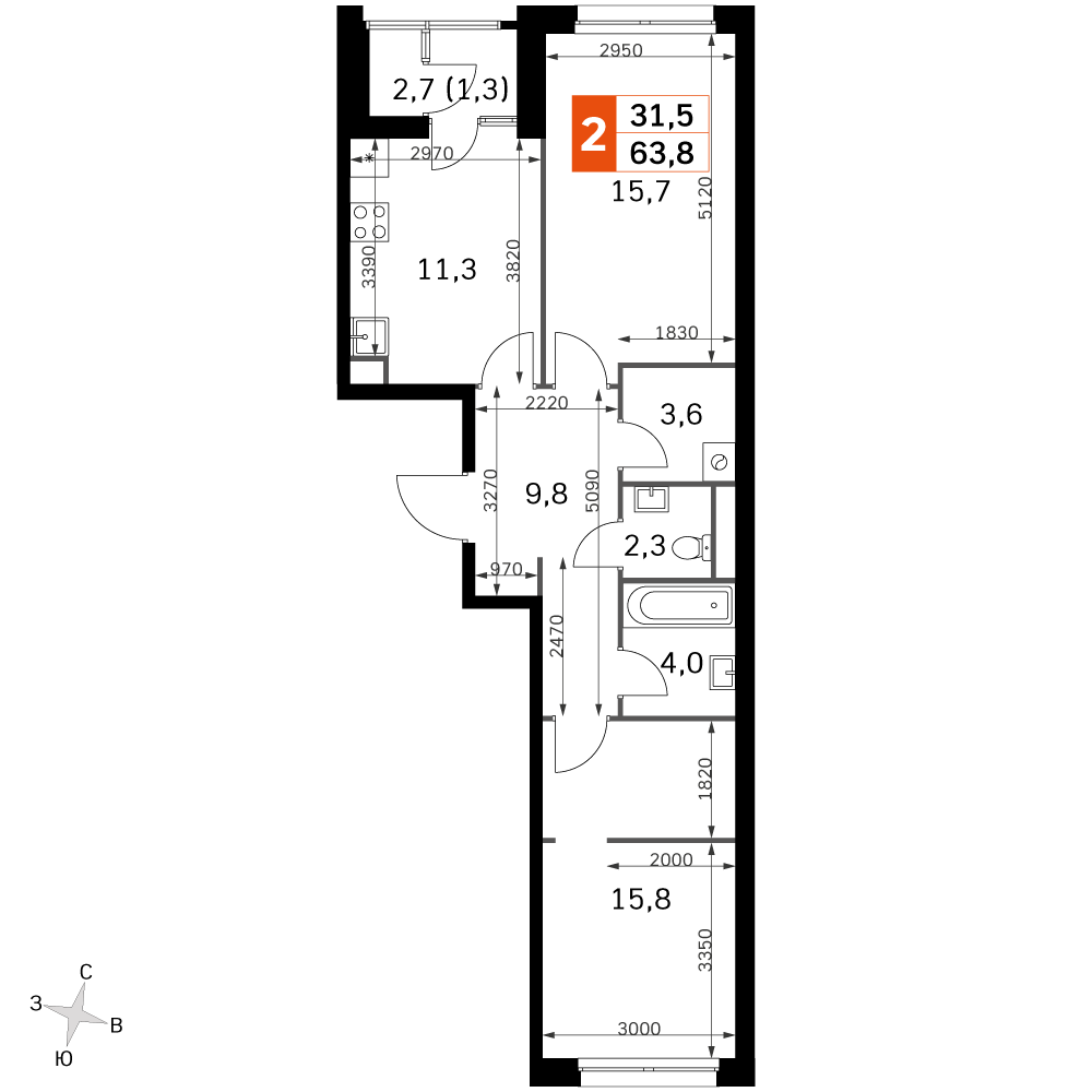 Официальная планировка Sky Garden, 61,6 м²