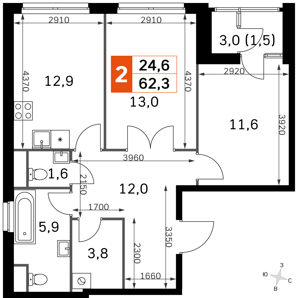 Официальная планировка Sky Garden, 61,1 м²